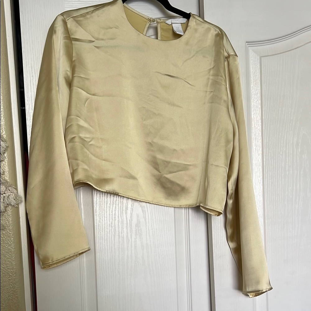 H&M Cream Asymmetrical silk Crop Blouse Long Sleeve
